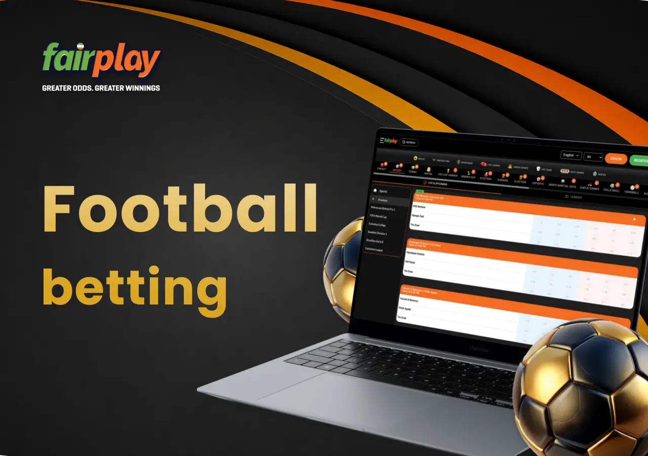 Football betting markets on Fairplay displayed on a laptop beside a football.