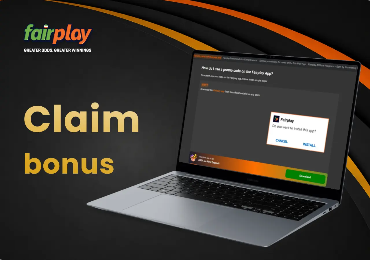 Laptop screen showing how new players claim bonuses on FairPlay.